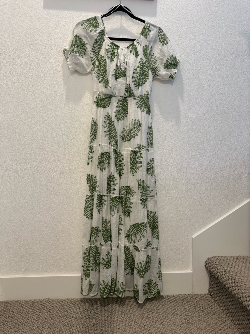 Anthropologie Kindred white and green leaf-embroidered tiered maxi dress
